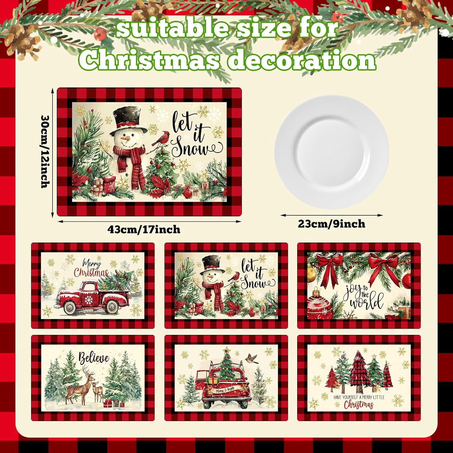 6 Pcs Christmas Watercolor Placemats 12 x 17 Inches Xmas Plastic Placemats Set of 6 Wipeable Table Vinyl Mats for Dining Kitchen Indoor Outdoor Party Holiday Decoration (Let it Snow)