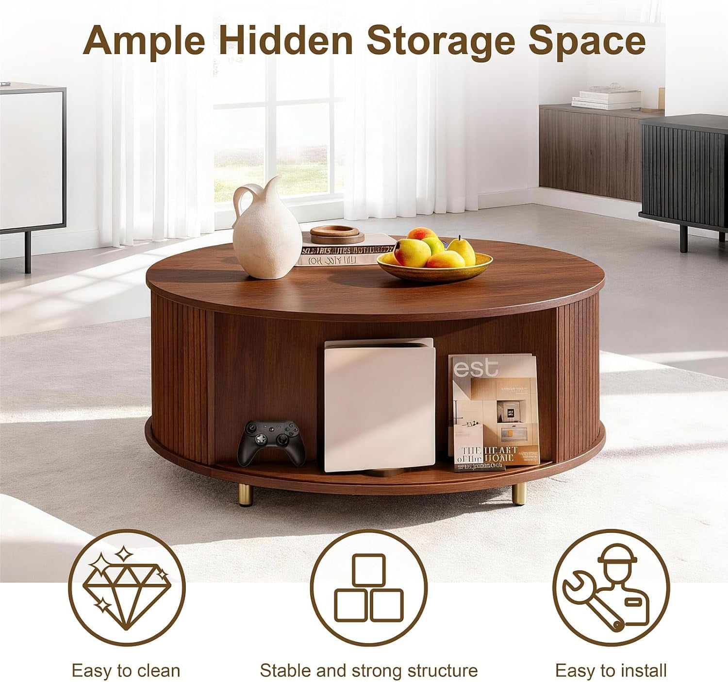 31.5" Round Coffee Table, Mid Century Modern Coffee Table with 360° Sliding Tambour Door, Fluted Accent Coffee Table with Storage Adjustable Footpads for Living Room, Walnut