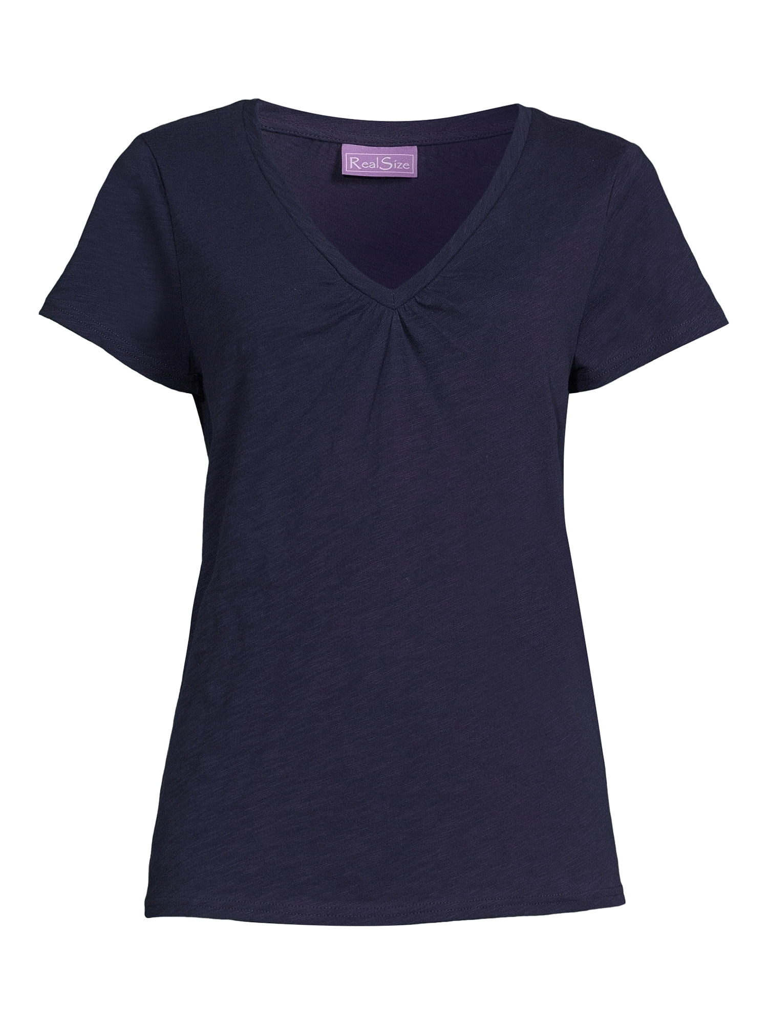 RealSize Women's Shirred V-Neck Tee with Short Sleeves, Sizes XS-3XL