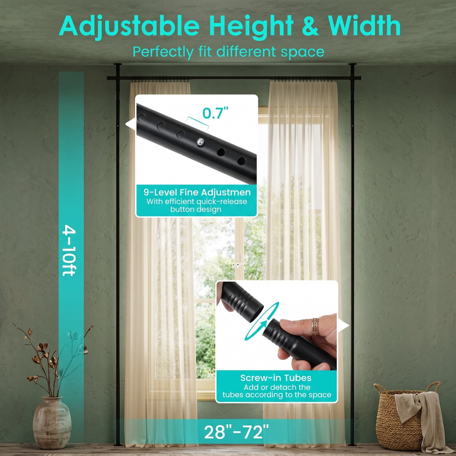 ALPULON Room Divider Curtain Rod, Adjustable Floor to Ceiling Tension Rod No Drilling Required, Expandable 28-72 Inch Width Metal Curtain Rod for Bedroom Living, Black