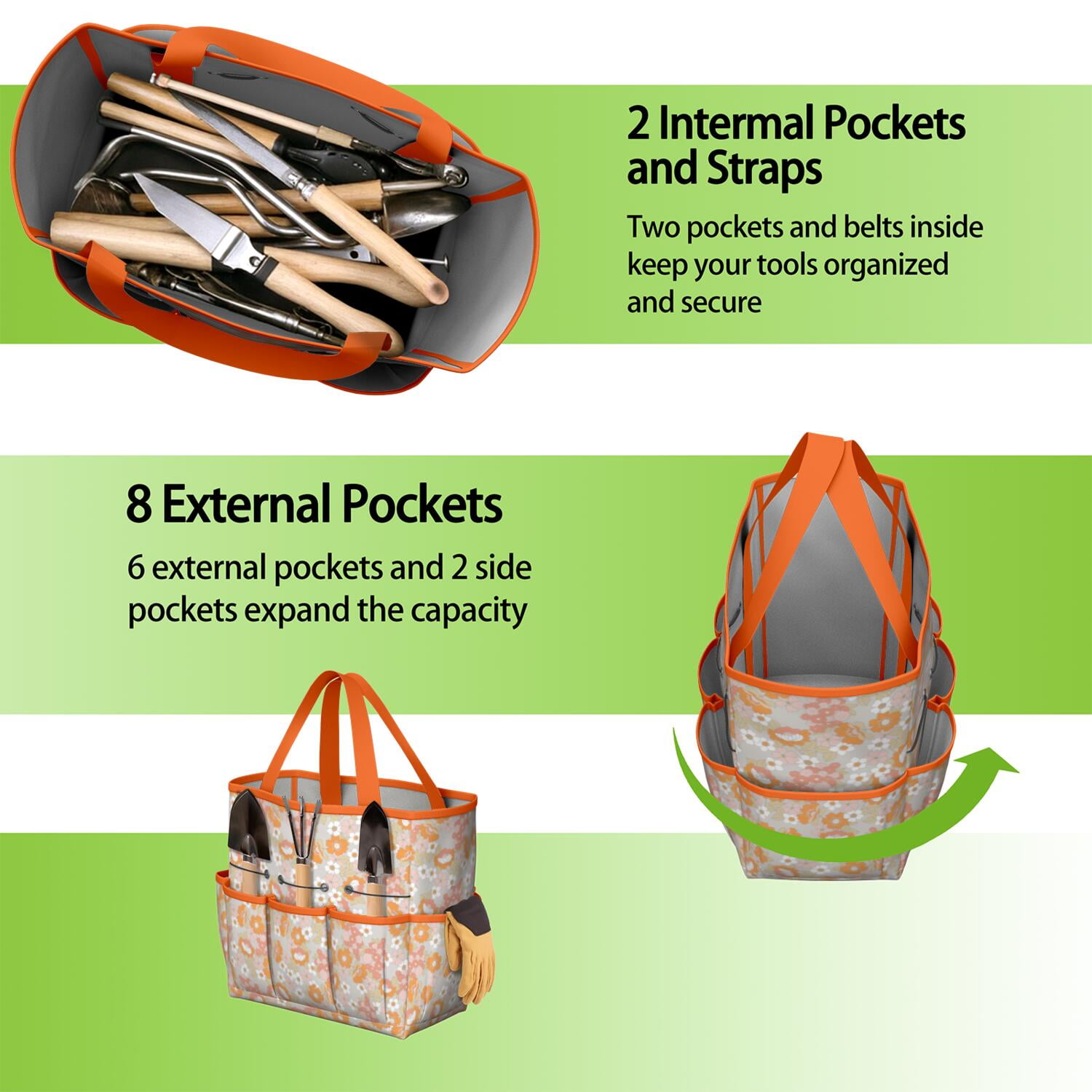 Bright Flowers Garden Tools Bag, Water-proof Oxford Garden Tote Home Organizer Gardening Tool Bag Kit Holder with 8 Pockets for Indoor and Outdoor Gardening(Tools Not Included)