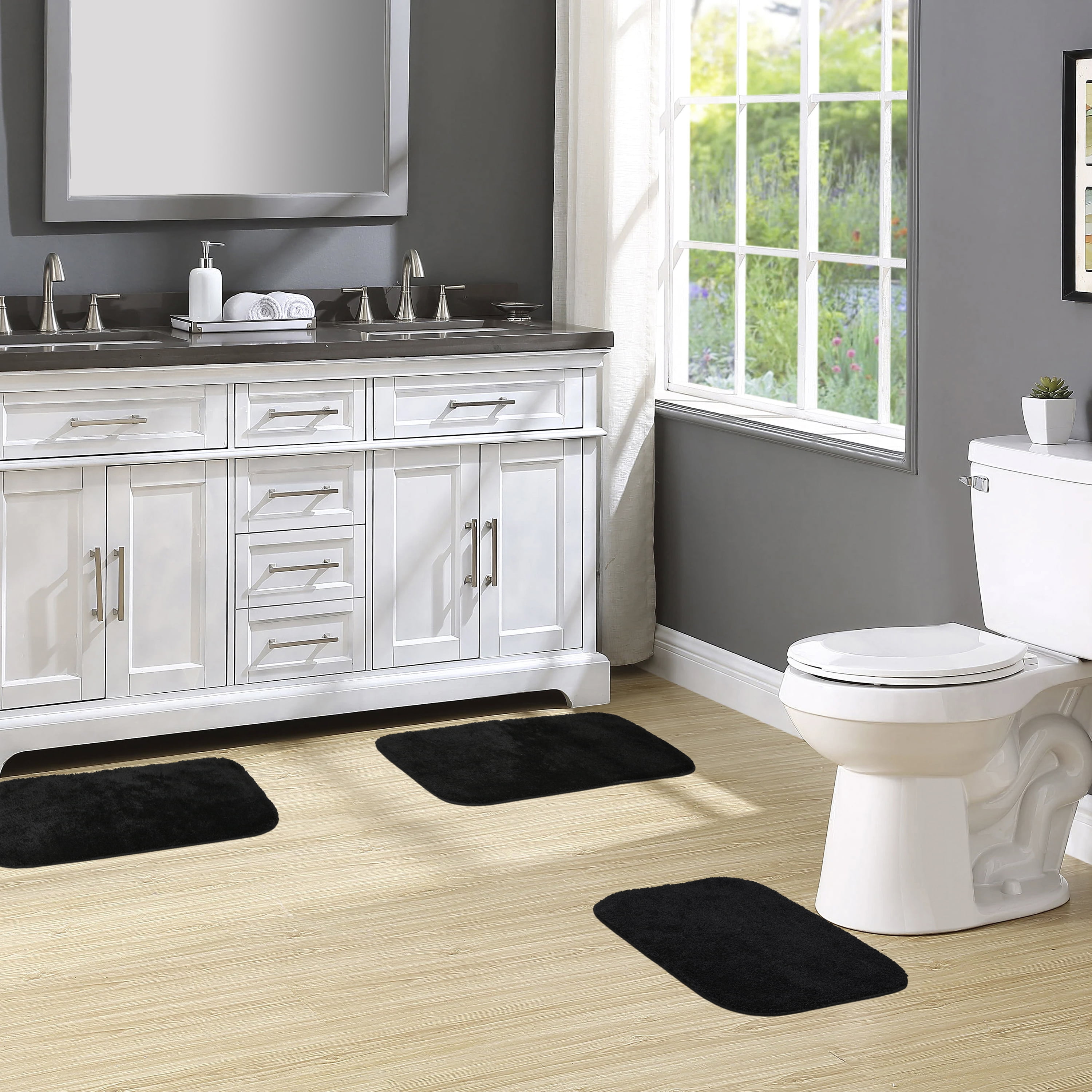 Garland Rug Traditional Washable Bath Rug Set, 3-Piece Set (17"x24" Bath Rug and Two 21"x34" Bath Rugs) Black