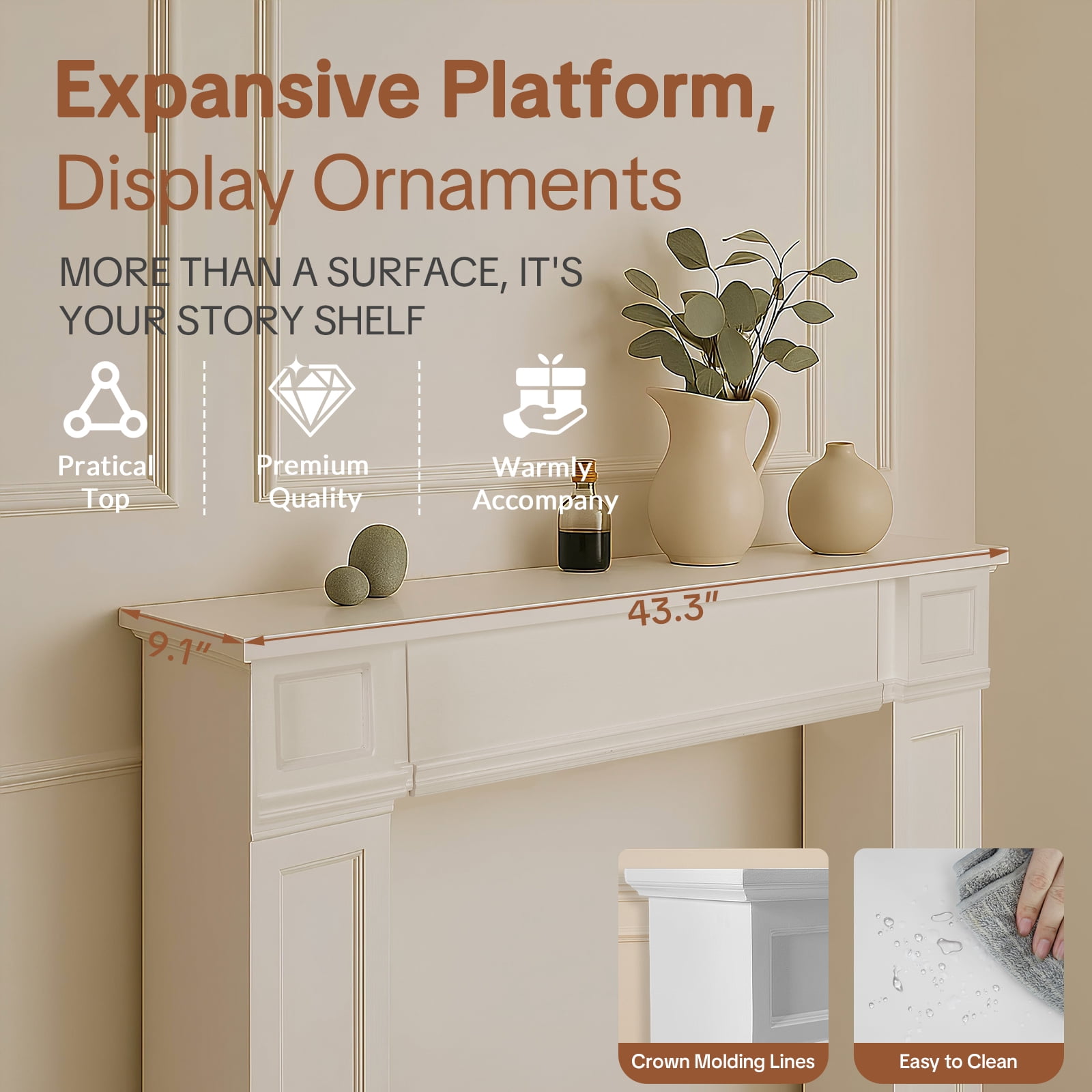 OUINCH 43.3" Fireplace Mantel, Freestanding Fireplace Surround with Leg for Electric Fireplaces, MDF Mantel Surround with Shelf for Living Room with Decorative Pattern, Anti-Tipping & Waterproof