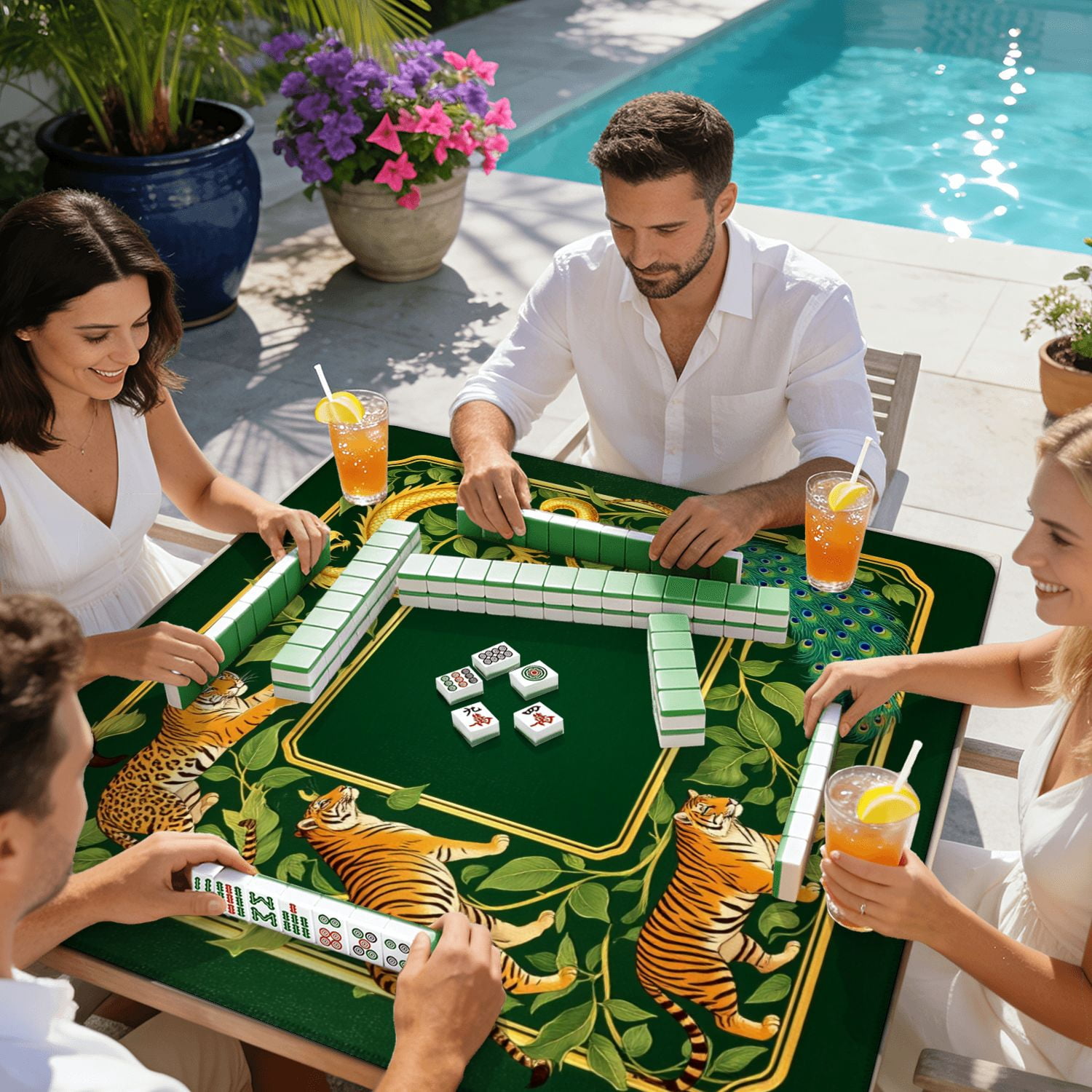 Mahjong Mat 31.5" x 31.5" Golden Dragon Tigers Peacock Floral Frame Non-Slip Noise Reduction American Mahjong Tiles Table Cover for Dominoes Poker Card Board Games Gift