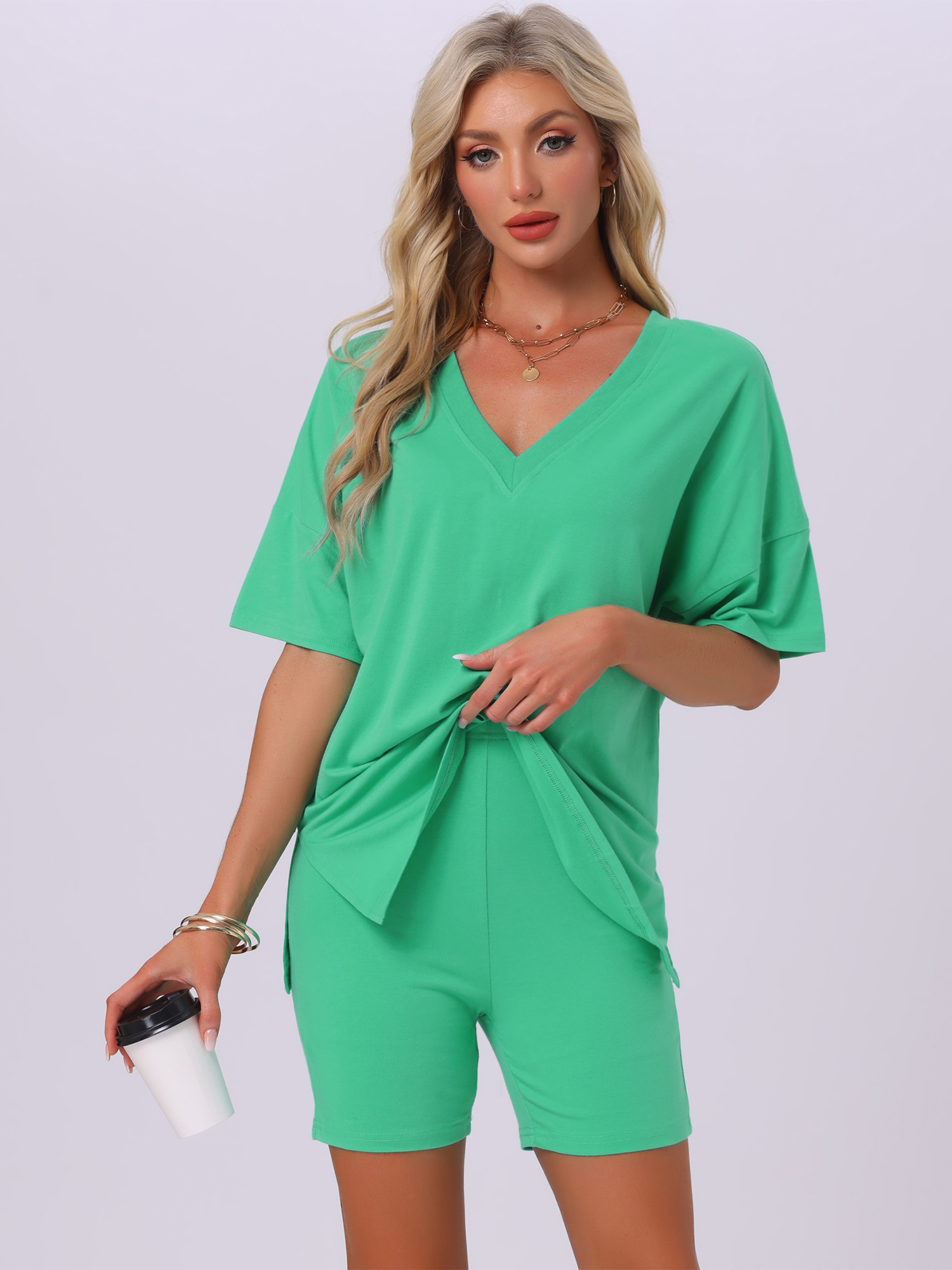 DARING DIVA Pajamas V Neck Workout Reversible Tracksuit Shorts Set XS Green