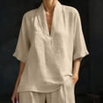 thumbnail image 7 of Cagogo Women Plus Size 2 Piece Set V Neck 3/4 Sleeve Shirt Shorts Casual Solid Loose Travel Outfits Lounge Tracksuits Summer Cruise Clothes Matching Lounge Sets, Beige L, 7 of 7