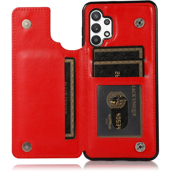 for Samsung Galaxy A32 5G (Not 4G) Wallet Case with Card Holder,PU Leather Kickstand Card Slots Case Double Magnetic Clasp Durable Shockproof Cover for Samsung Galaxy A32 5G Gules-SK