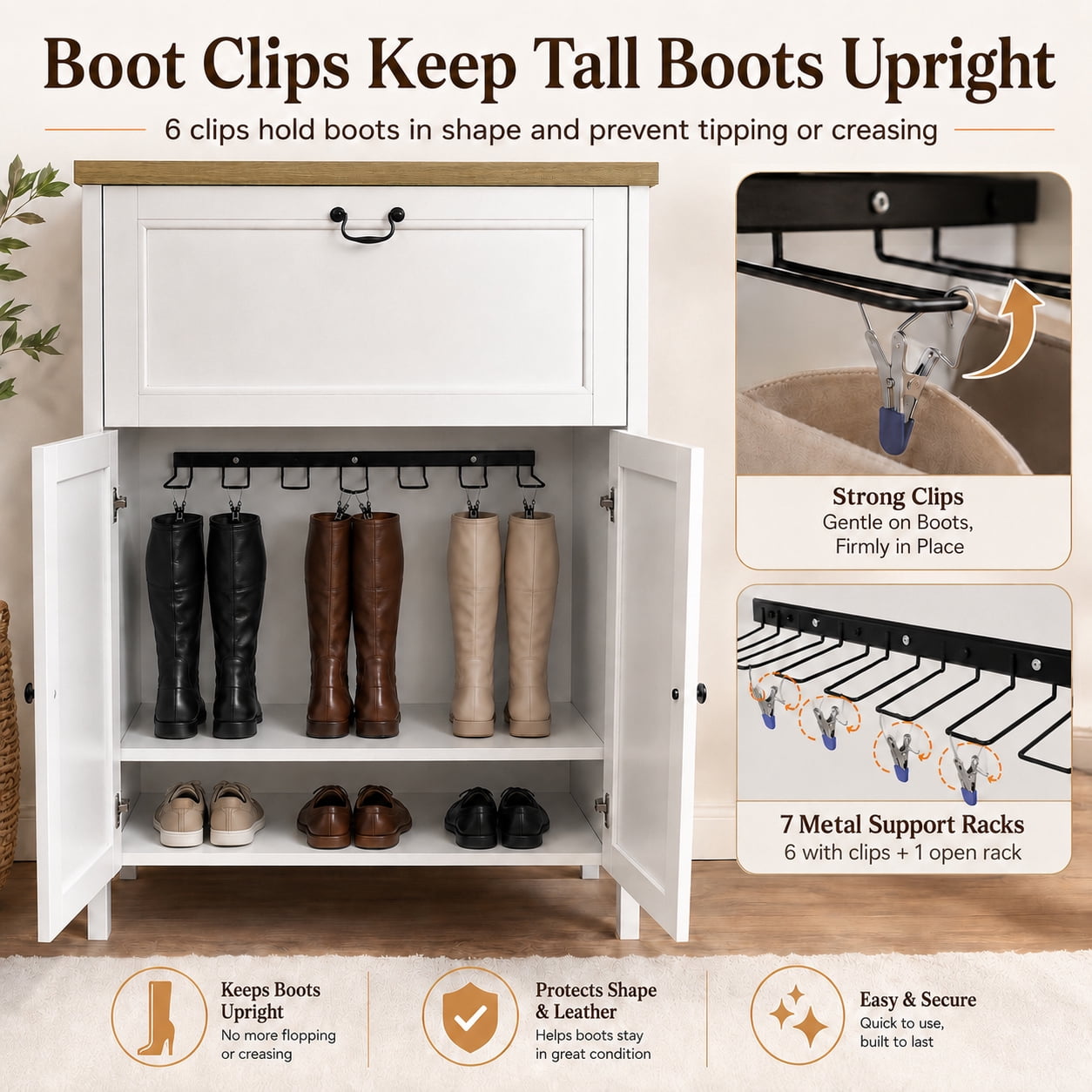 Shoe Cabinet with Flip Drawer, Boot Rack and 6 Boot Clips, Narrow Entryway Shoe Cabinet with Adjustable Shelf, Freestanding Shoe Organizer Cabinet for Entryway, Foyer, 31.5"W x 15.7"D x 45.3"H