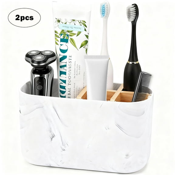 Toothbrush Holders 2pcs for Bathrooms, 5 Slots Bamboo Toothbrush Holder Kids Electric Toothbrush Holder and Toothpaste Holder for Bathroom Countertop Accessories Storage, Marble Toothbrush Organizer