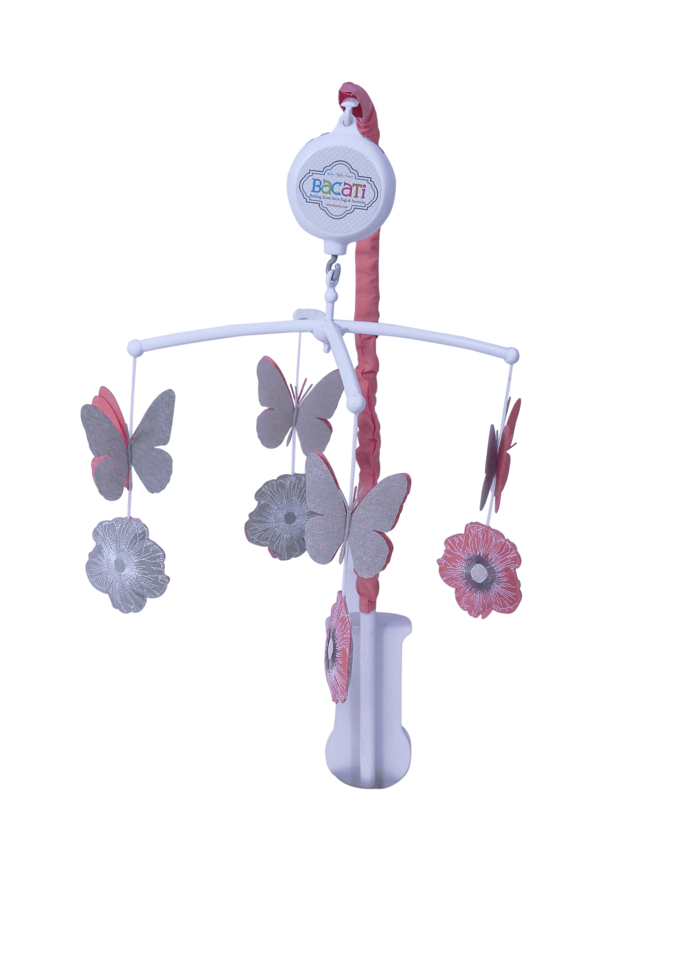 Bacati - Watercolor Flowers Coral Gray Musical Baby Crib Mobile