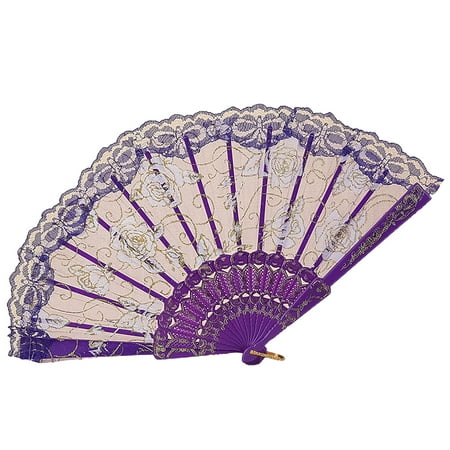 

xinRui Folding Fan with Hanging Ring Smooth Opening Not Easily Scattered Easy to Grasp Lace Trim Rose Pattern Dancing Fan Home Supply