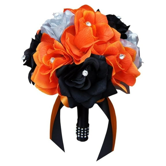 8" Bouquet-Orange Black and Silver Artificial Roses with Rhinesetone