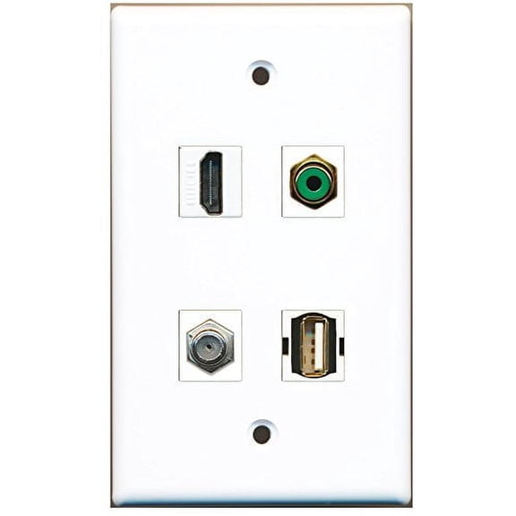 RiteAV - 1 Port HDMI 1 Port RCA Green 1 Port Coax Cable TV- F-Type 1 Port USB A-A Wall Plate