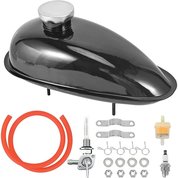 Trkimal Upgrade Metal Fuel Gas Tank with Petcock Cap for 49cc 50cc 60cc 66cc 80cc Engine Motorized Bicycle Black Bike Motor Powersports Oil Tanks (2L/0.53Gallons)