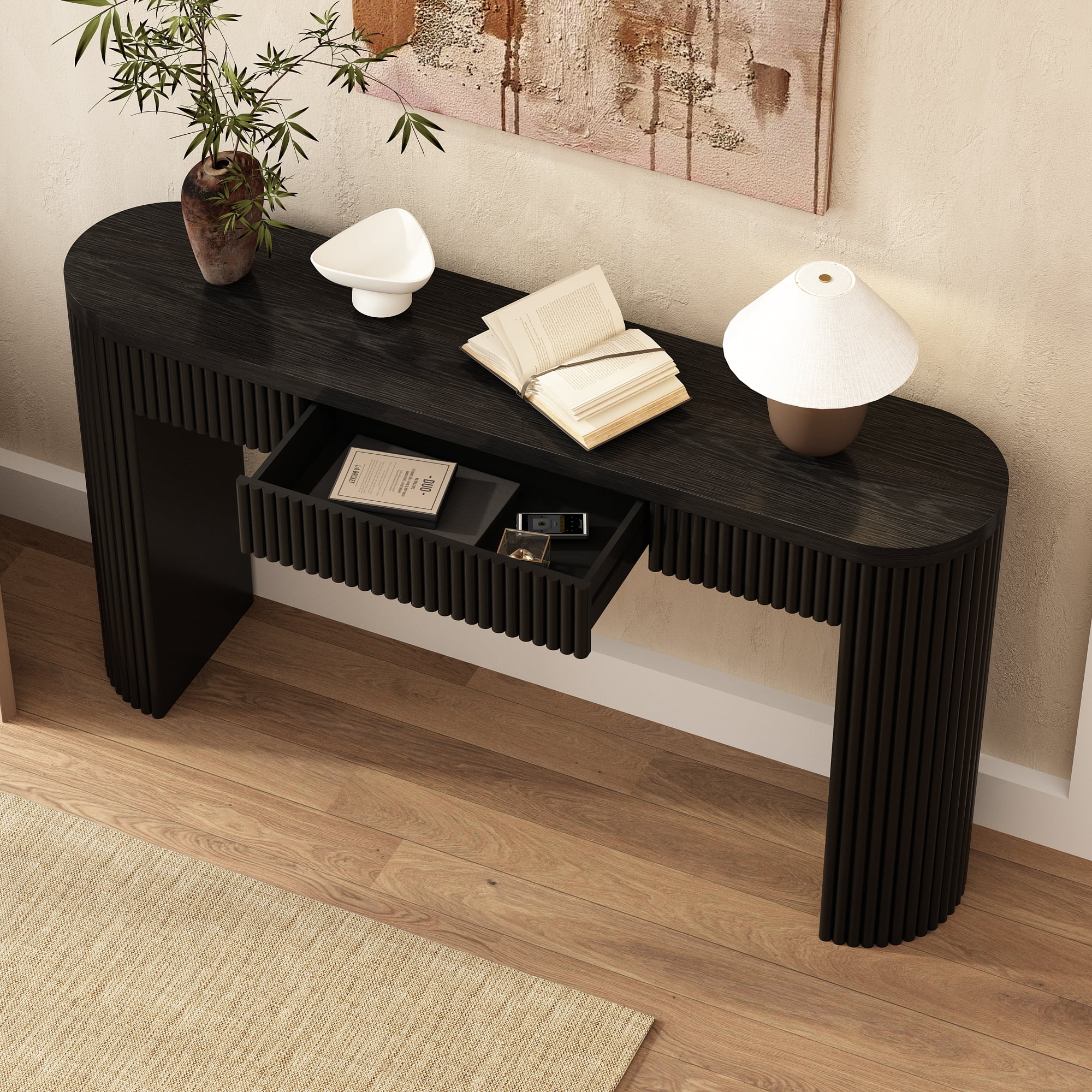 55'' Fluted Wood Console Table with Drawer, Narrow Entryway Table Behind Couch for Living Room Hallway,Black