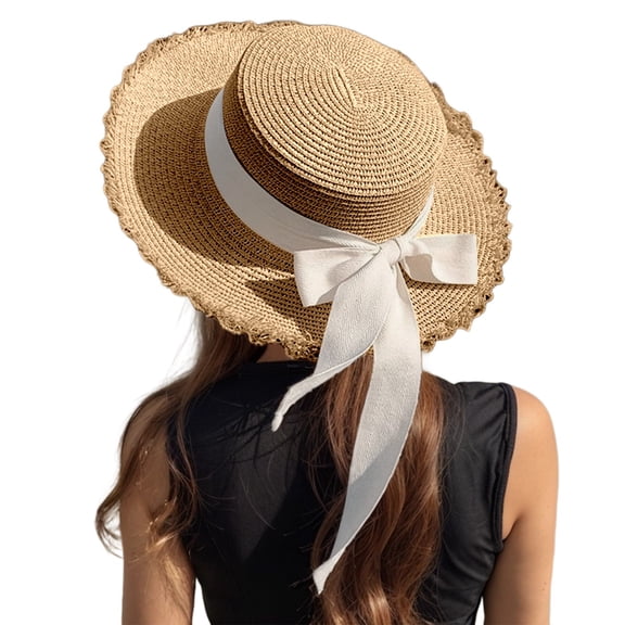 FUZHIQ Women Flat Top Straw Boater with Bow Hat UPF 50 UV Protection Sun Hat, Breathable Summer Cap for Beach Outdoor Daily Wear,One Size