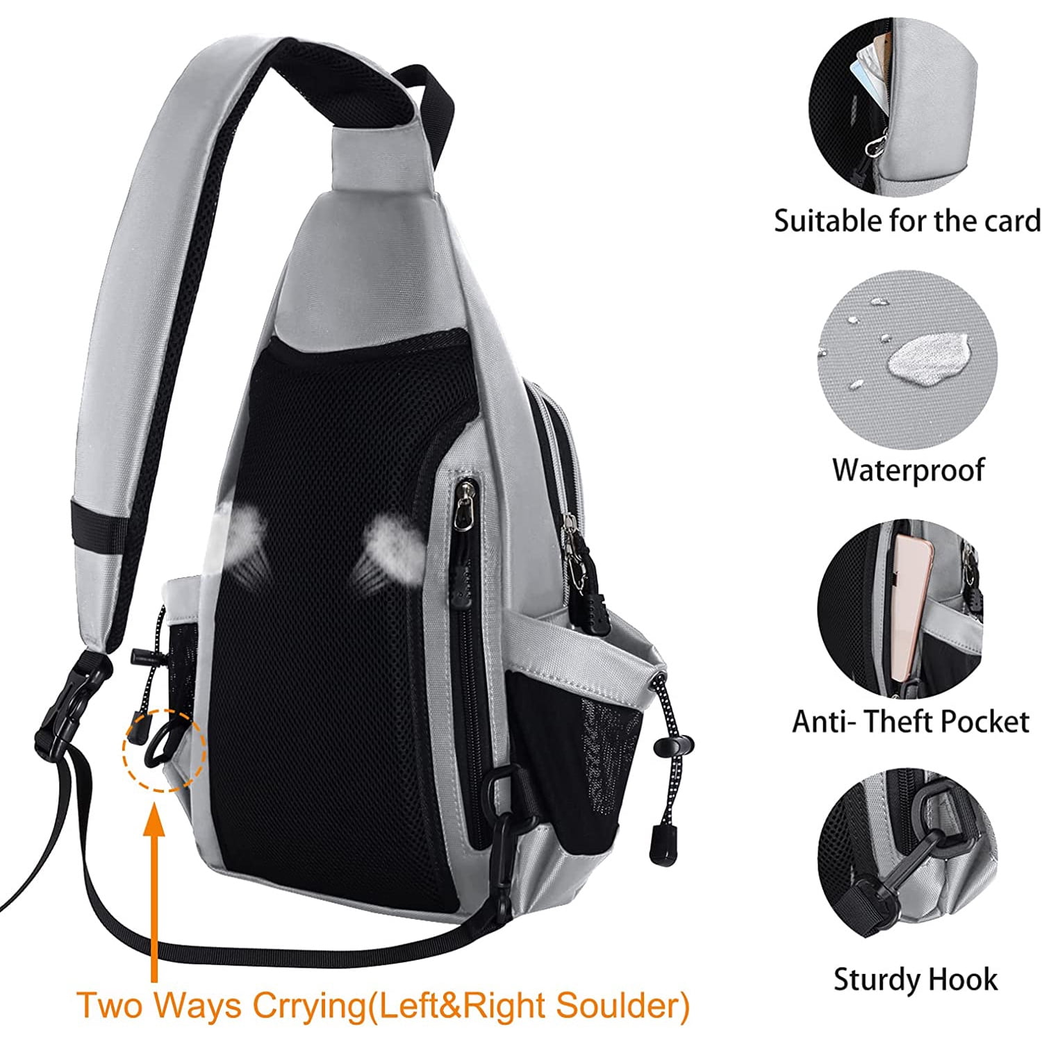 Mosiso Sling Backpack Chest Shoulder Bag Double Layer Hiking Daypack Men/Women,Gray