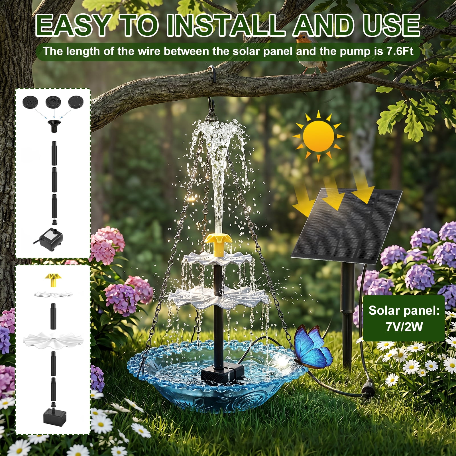 Threns Hanging Solar Bird Bath Fountain Solar Power Outdoor Water Fountain Hanging with Flowing Water Decorative Garden Yard Patio Bird Bath Fountains