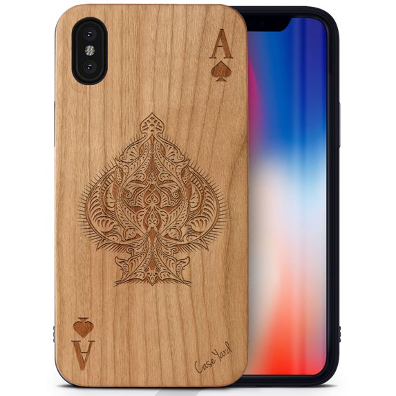 Case Yard Wooden Case Outside Soft TPU Silicone, Slim Fit Shockproof Wood Protective Phone Cover for Girls Boys Men and Women, Supports Wireless Charging Ace of Spade Design case for iPhone-XS-Max