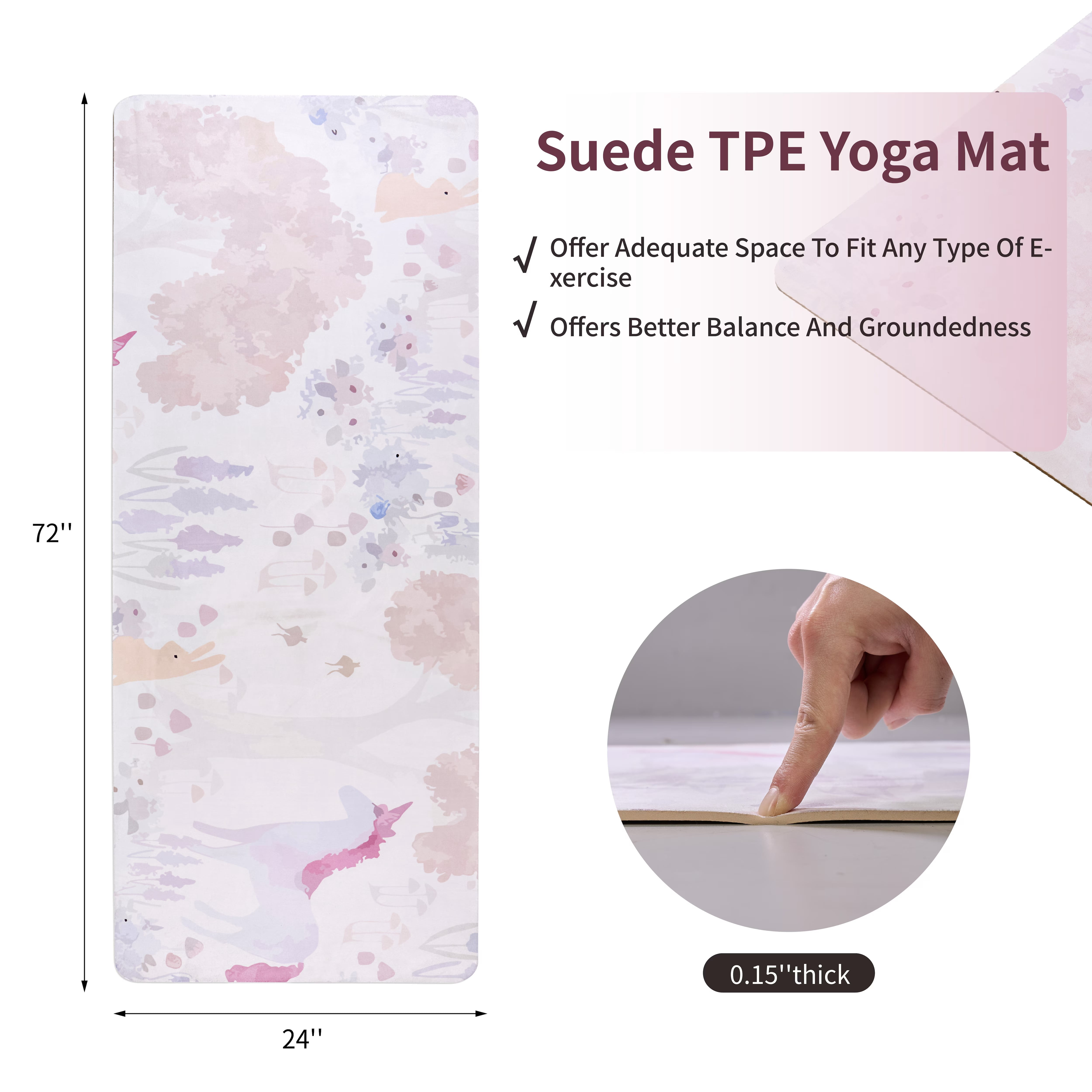 Avobird Yoga Mat, Non-Slip Design, Professional TPE Exericise Mat,72" x 24" 5mm Thick, Multi-Purpose Workout Mat for Women, Pilates Fitness and Floor Exercises(Pink Flower)