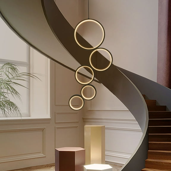 Modern 5 Rings Black LED Chandelier Pendant Ceiling Light,85-265V,3 Lighting Colors,Remote Control