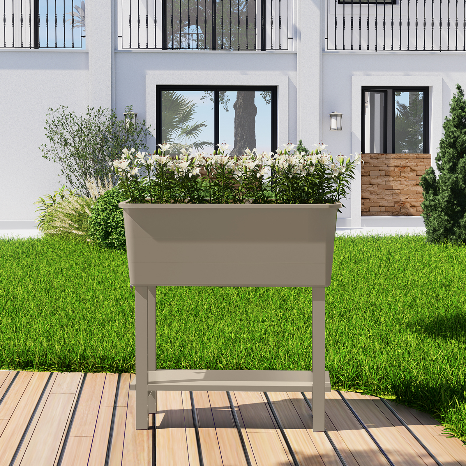 BPS Outdoor Raised Garden Bed, Set of 3 Self-Watering Elevated Planter Box with Legs - Khaki