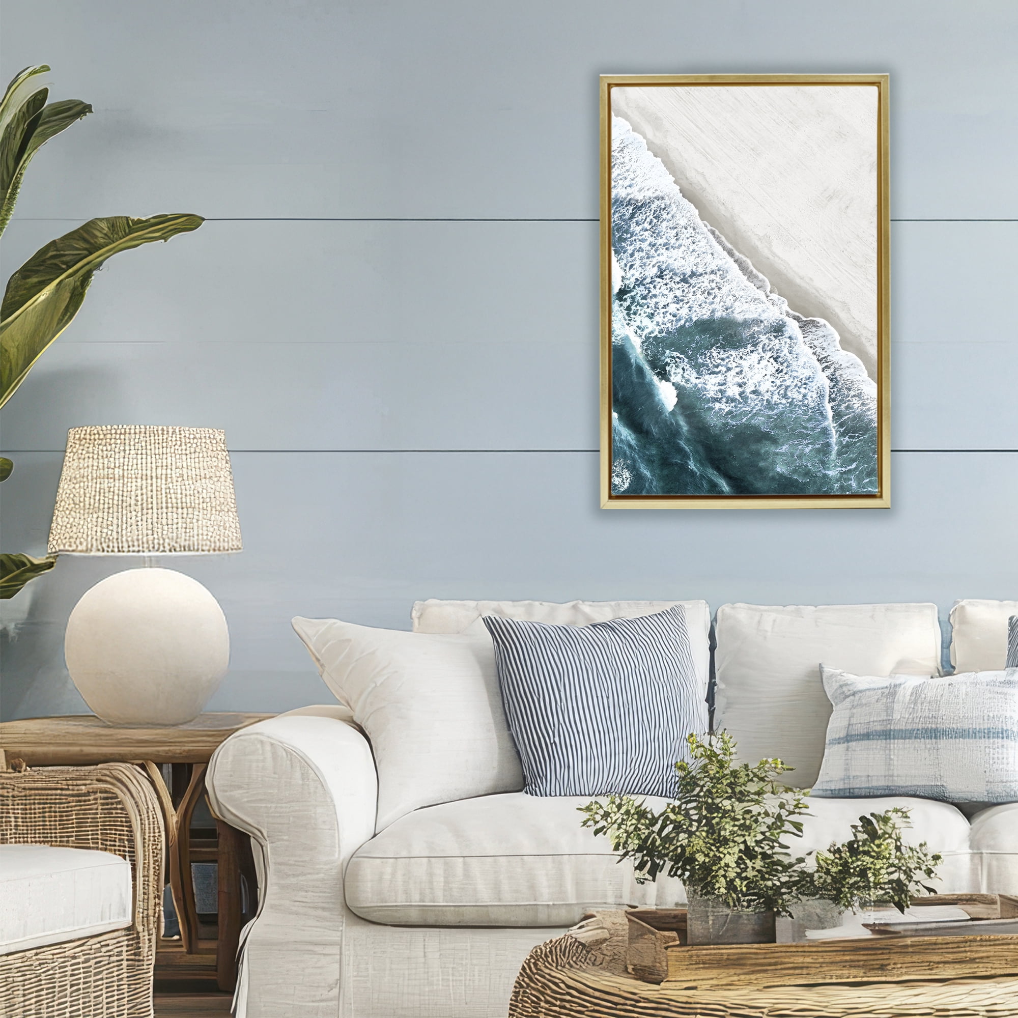 Stupell Industries Corolla Beach Breezy Shoreline Gold Framed Floater Canvas Wall Art, design by Natalie Carpentieri