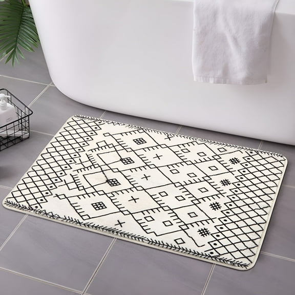 LAMIRO Bathroom Rugs 18x25" Boho Bath Mat Non-Slip Moroccan Geometric Farmhouse Bath Rug Soft Velvet Machine Washable Floor Mats for Bathroom Tub Sink Shower