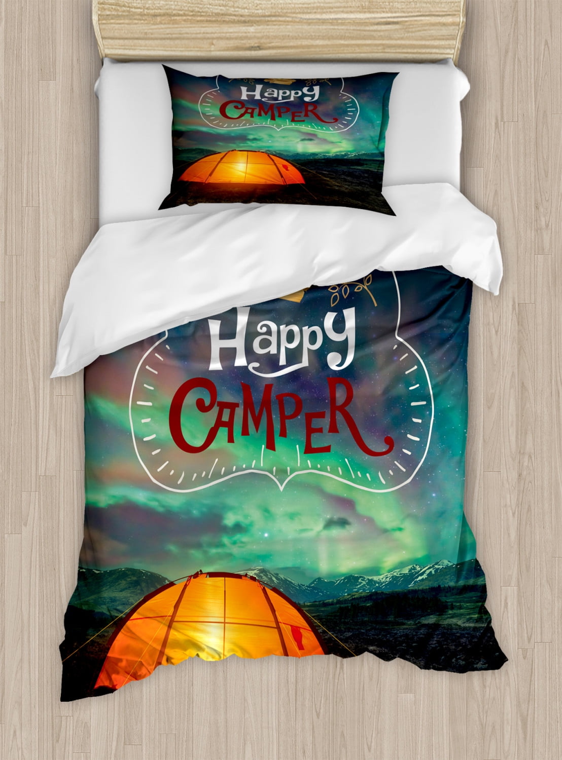 Happy Camper Duvet Cover Set, Camping Themed Tent under Aurora Borealis