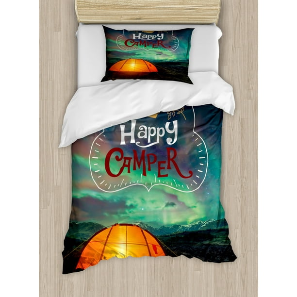 Happy Camper Duvet Cover Set, Camping Themed Tent under Aurora Borealis