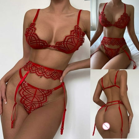 

MRULIC underwear women set New Fashion Lace Lingerie Flower Lace Perspective Appeal Underwear Sleepwear Steel Ring Pajamas Garter Wine + M