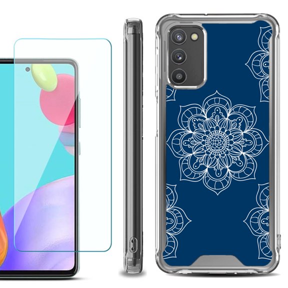 Shockproof Bumper Phone Case for Samsung Galaxy A02s, with Tempered Glass Screen Protector, by OneToughShield ® - Mandala / Blue