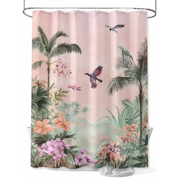 Fsddascl Vintage Pastoral Shower Curtain Set - 48" x 72" Washable Bathtub Curtain with 12 Hooks, Farmhouse Botanical Tree Birds Pink Green Waterproof Fabric Stall Shower Curtains for Bathroom