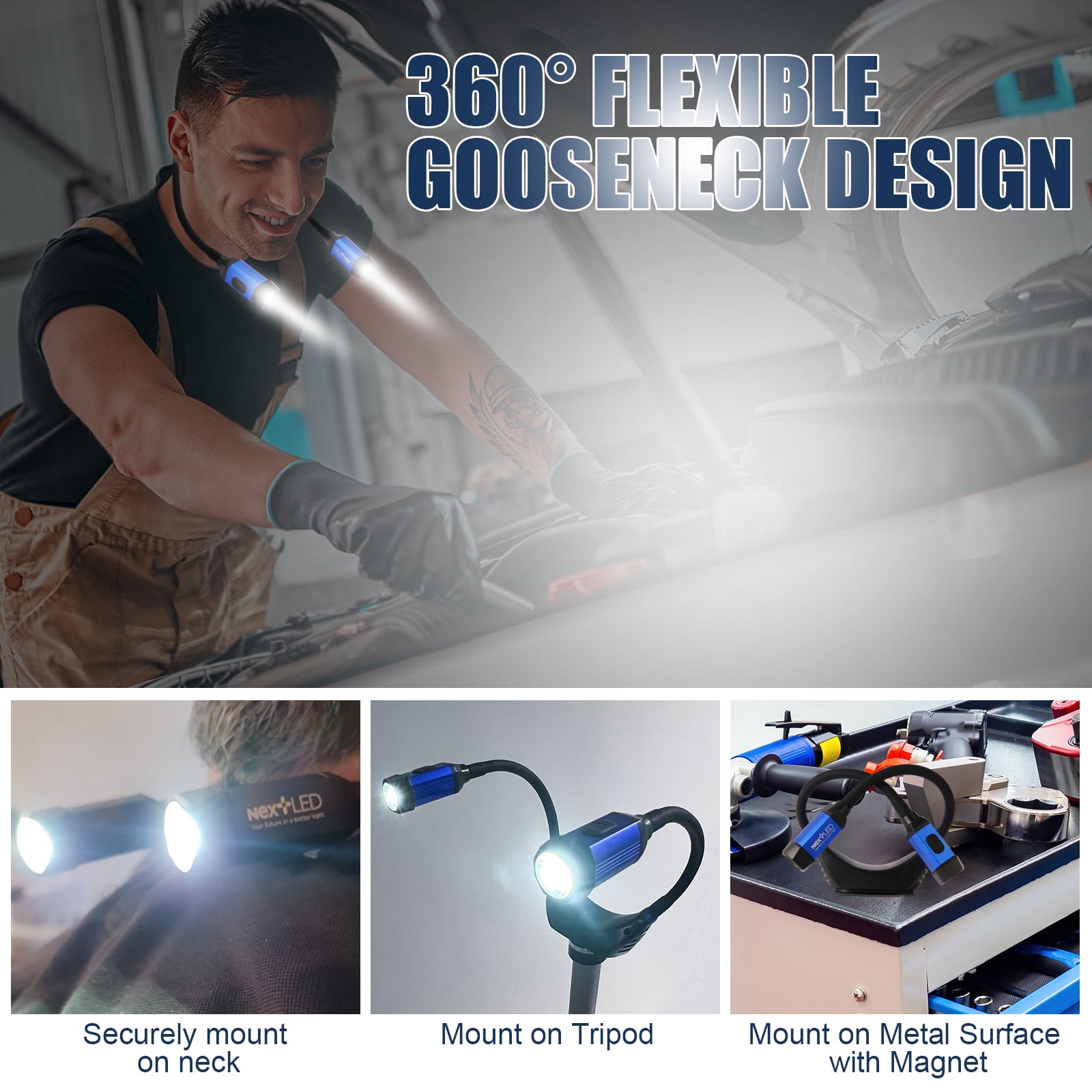 NextLED NT-6633 Heavy Duty Rechargeable Neck Light with Magnetic Base, IPX4, 2000mAh Battery, LED Mechanic Neck Light Hands Free, Flexible Around The Neck Flashlight, Neck Work Light Rechargeable
