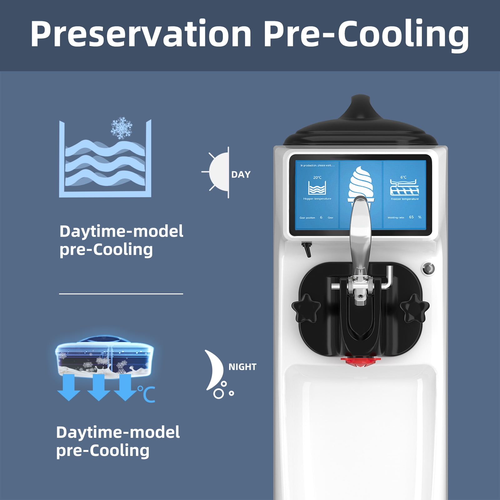 Soft Serve Ice Cream Machine, 7 Inch LCD Touch Screen Ice Cream Machine with 1.6 Gal Tank for Party, 4.2 to 4.6 Gal/H Ice Cream Maker Machine with Pre-Cooling for Store School Home