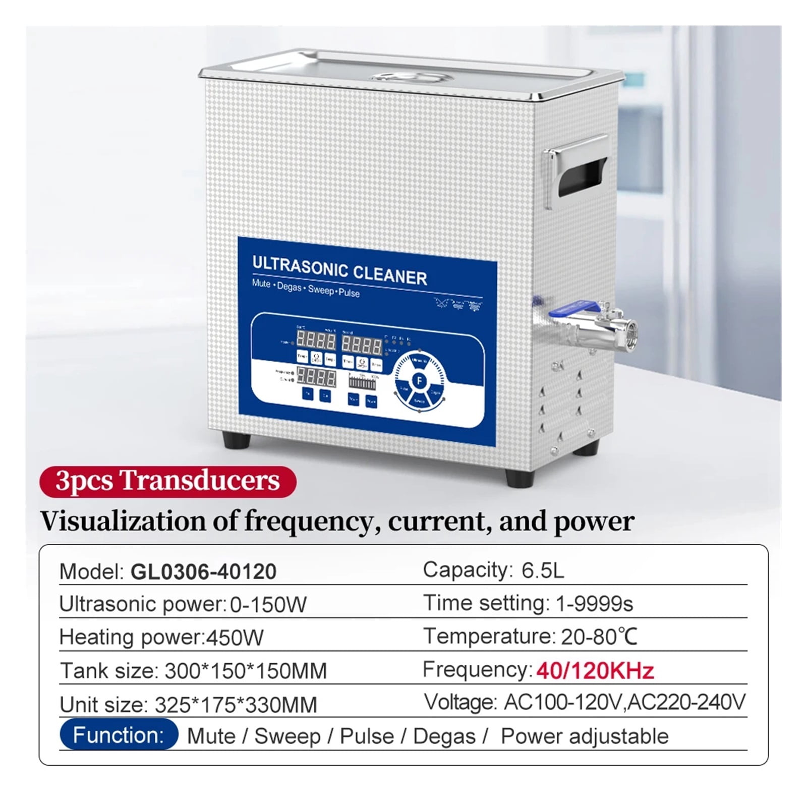 Multi-frequency Ultrasonic Cleaner 6.5L 28/40/68/80/120KHz Options 150W Ultrasound Washer Laboratory Use