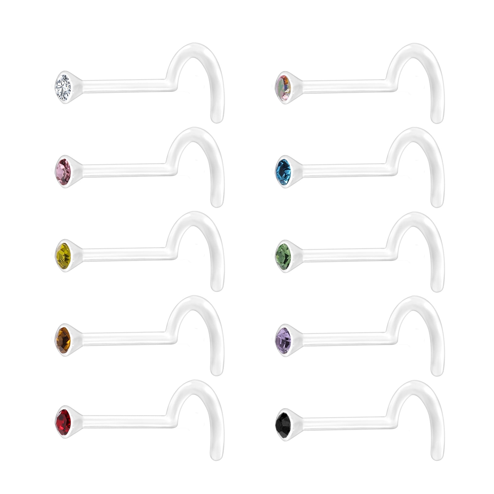 ZS 10Pcs 20g Round Crystal Nose Ring Piercing Bioflex Nostril Piercing Nose Bone/L Shaped/Nose