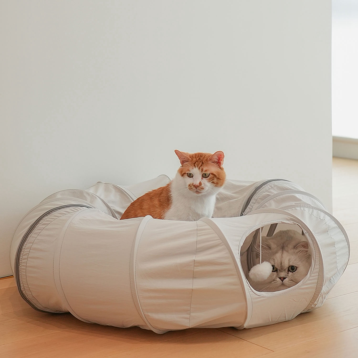 Moclever Cat Tunnel Bed with Interactive Hanging Ball, Indoor Circle Cat Tunnel with Cooling Fabric Central Soft Cushion for Cats Dogs, Gray