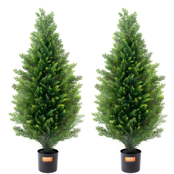 VEVOR Artificial Cedar Topiary Tree, 36 inch Tall (2 Pieces), with Extra Leaves & Pot Faux Evergreen Fake Pine Cypress Trees Plant, UV Rated Artificial Greenery Set for Home Decor Indoor/Outdoor