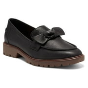Lucky Brand TAMIO Black Leather Moccasin Flat Knot Bow Detail Lug Sole Loafers (8.5, BLACK)