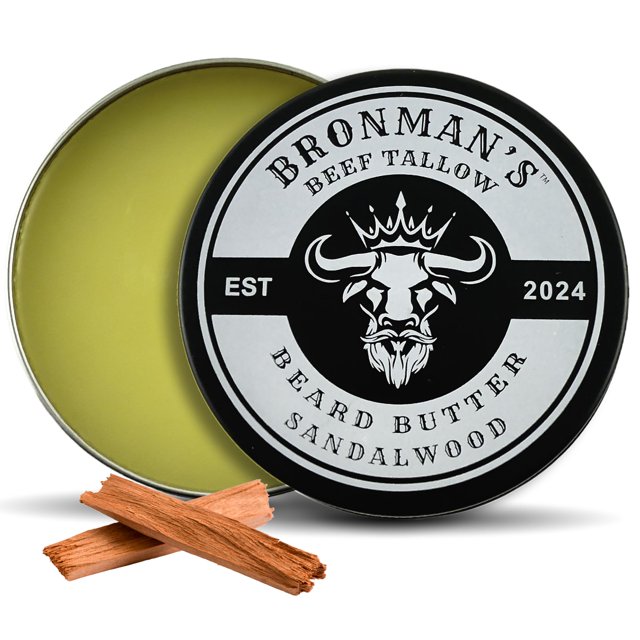 Bronmans Mantequilla para barba de sebo de res para hombres - 4 oz - Bálsamo hidratante para barba de sándalo con manteca de karité - Sebo profundamente hidratante para barba y piel