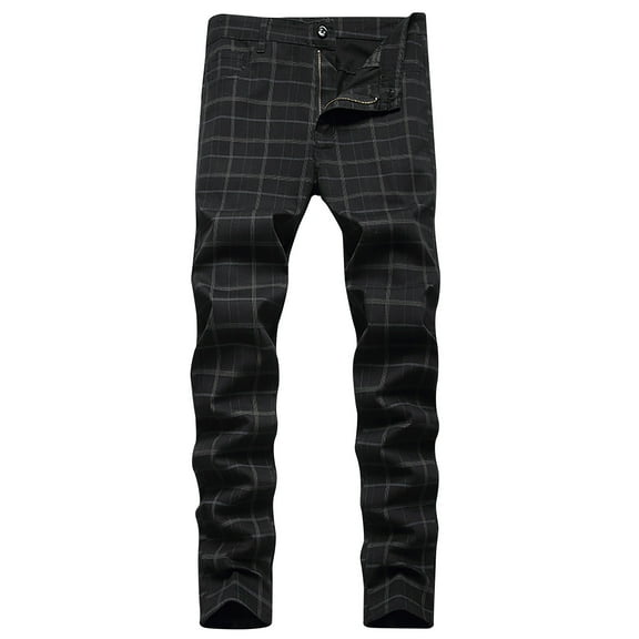 HOOMEUMY Men's Plaid Straight Leg Pants Business Striped Stretch Casual Zipper Slim Fit Suit Trousers with Pockets Black L