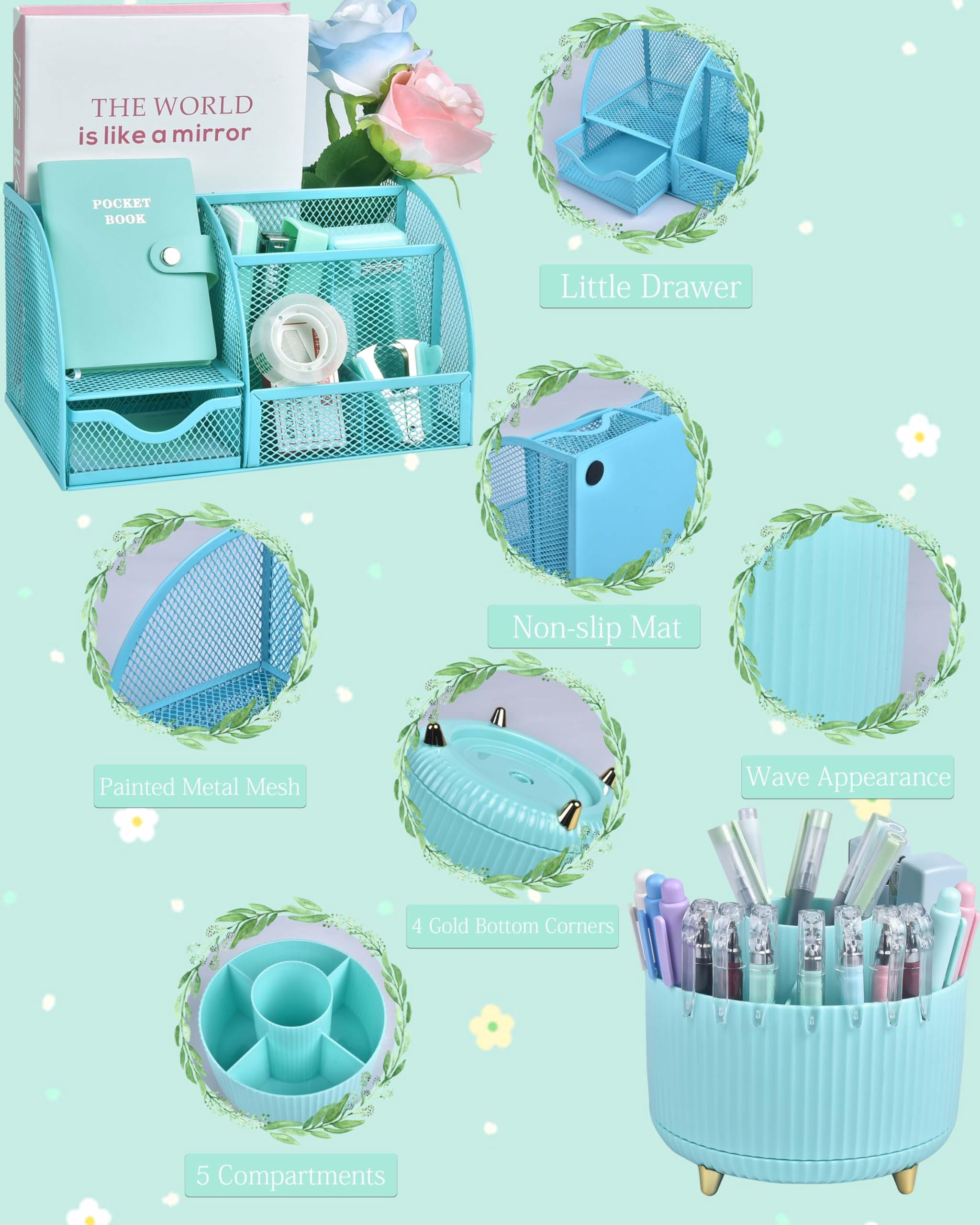 21pcs Green And Blue Desk Organizers Accessories With Mesh Organizer 360°rotating Pen Holder A Lot Of Office Supplies Beautifully Presented In Gift Box