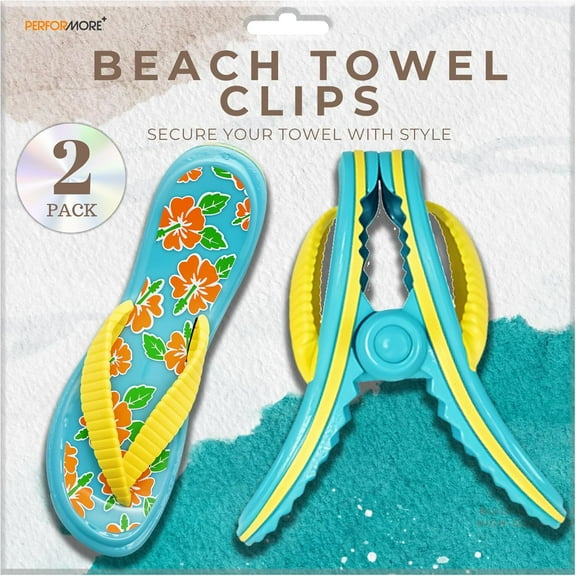 PERFORMORE Flip Flop Beach Towel Clips, Set of 2, Portable Towel Holder Clips, Secure Clips for Beach Chairs Deck Patio Pool Boat Cruise Lounge Chair Accessories