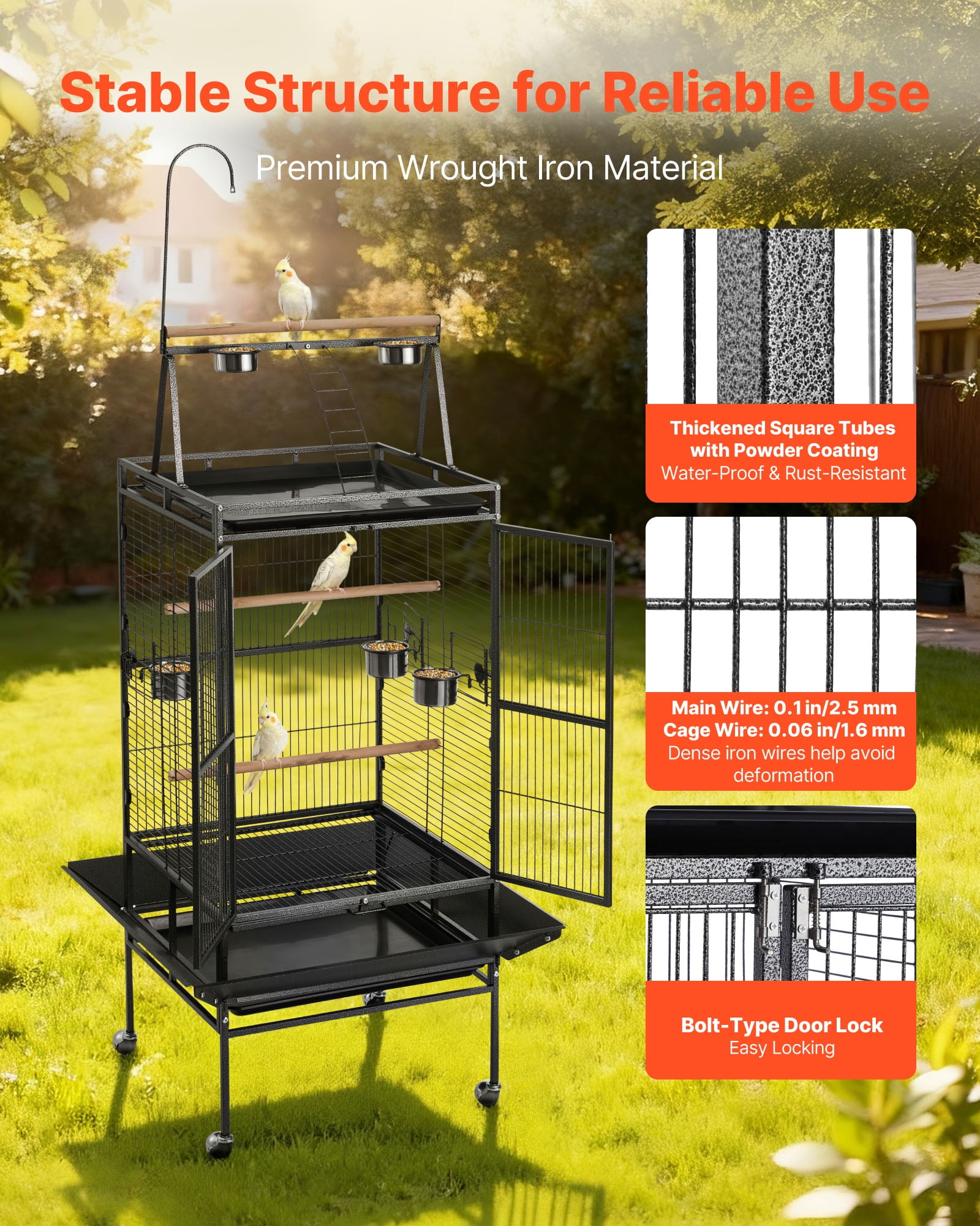 VEVOR Bird Cage, 32.7 x 31.1 x 82.7 inch, Open Flat Top, Wrought Iron Bird Flight Cage with Perches, Slide-Out Tray, Plastic Feeders, for Cockatiel, Monk Parakeet, African Grey Parrot