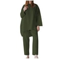 thumbnail image 2 of Paiwinds Women Casual 2 Piece Outfits Long Sleeves Cotton Linen Tops Skinny Long Pants Round Neck Sets Green XL, 2 of 5