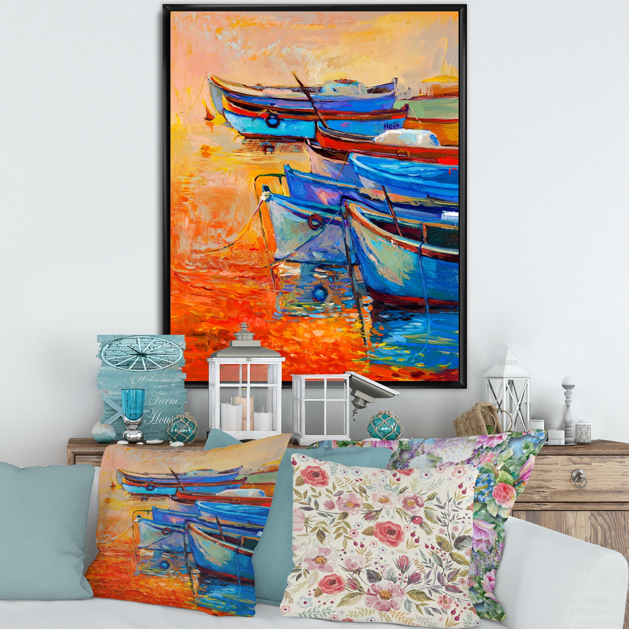 Boats During Warm Sunset Resting On The Water VIII 24 in x 32 in Framed Painting Canvas Art Print, by Designart