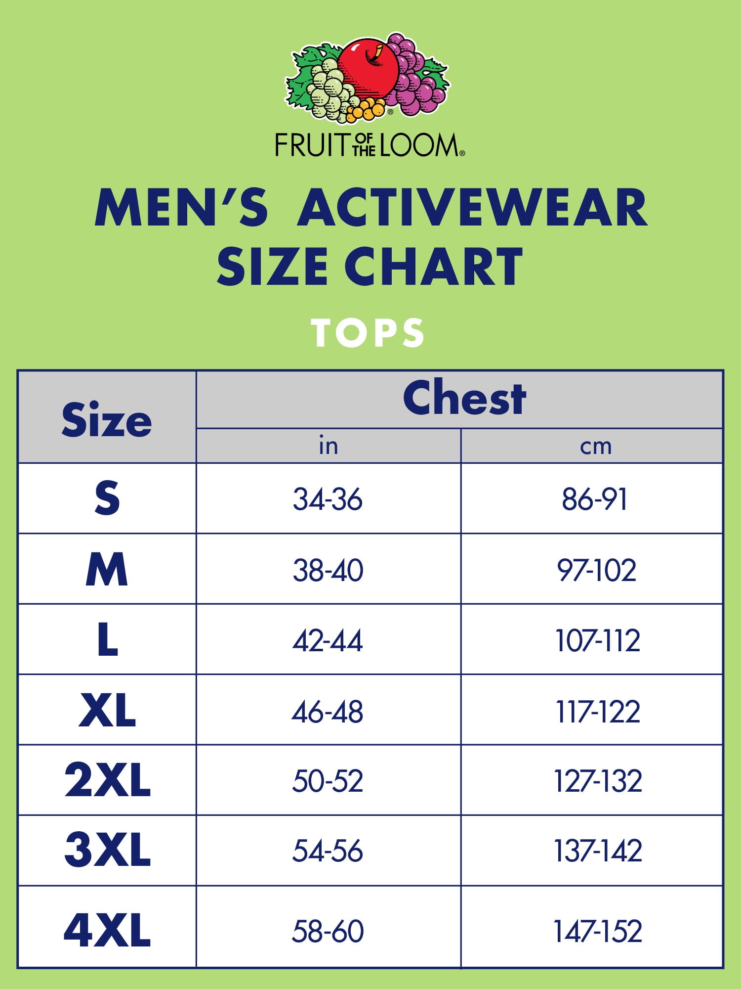 Fruit Of The Loom Mens T Shirts Size Chart