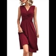 thumbnail image 3 of Vestido de Verano para Mujer, Cruzado, con Escote en V, Sin Mangas, Acampanado, Color Rojo Vino, Talla XL, 3 of 8