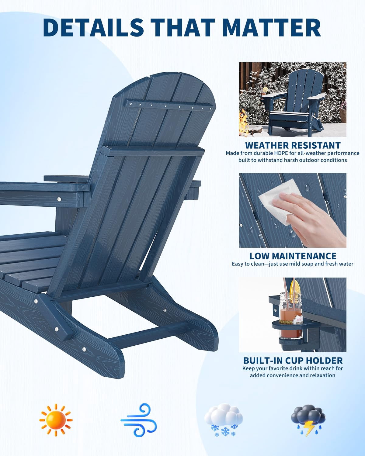 Folding Adirondack Patio Chair, All-Weather HDPE Outdoor Chair with Wooden Texture and Cup Holder, Weather Resistant, Lawn Chair for Garden, Deck, Fire Pit, Navy Blue